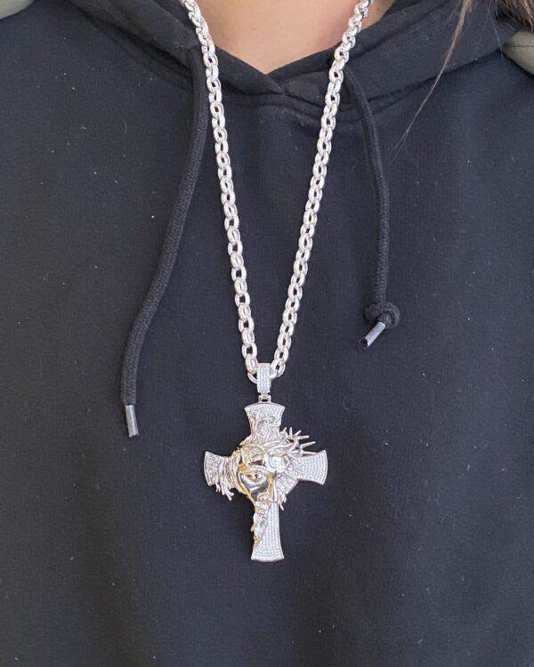 Solid Silver Large Jesus Face Cross Pendant