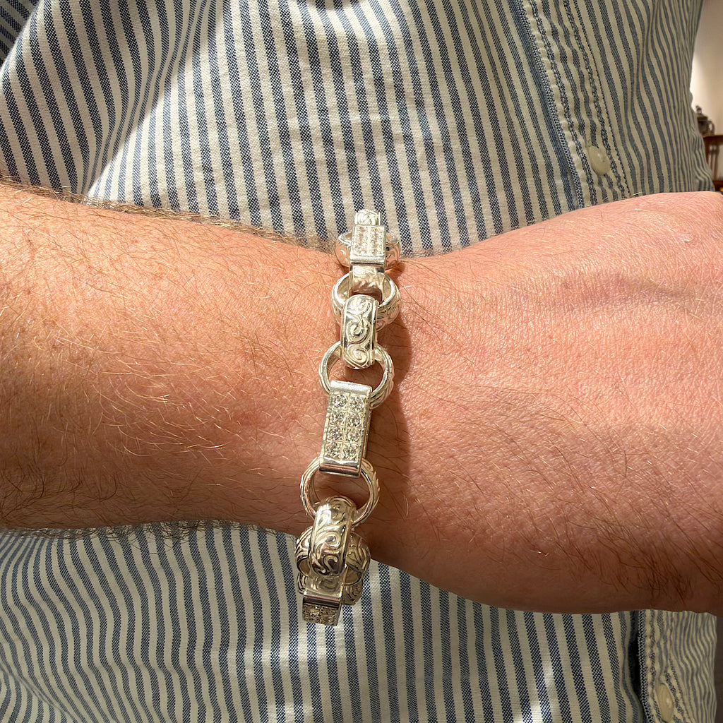 Silver Large Stone Set Gypsy Link Bracelet