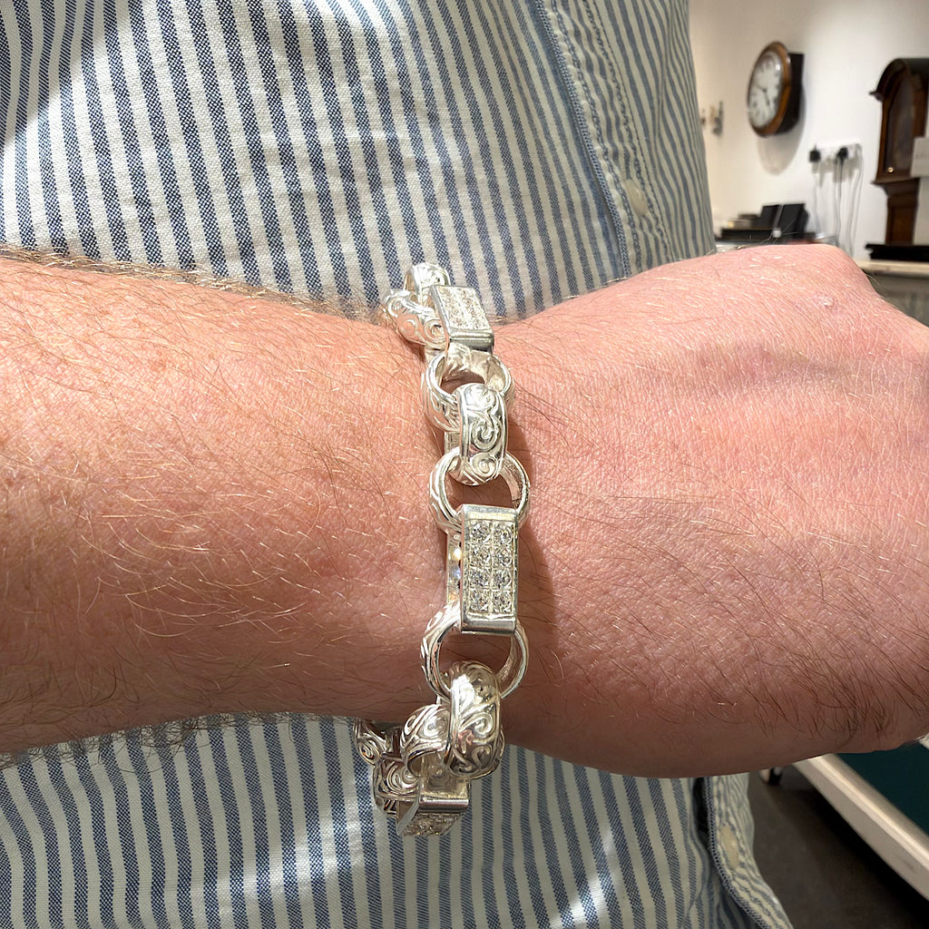 Silver Large Stone Set Gypsy Link Bracelet