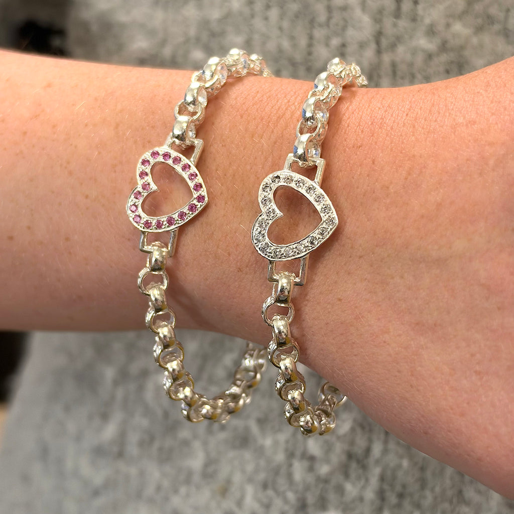 Silver White + Pink Open Love Heart Bracelet