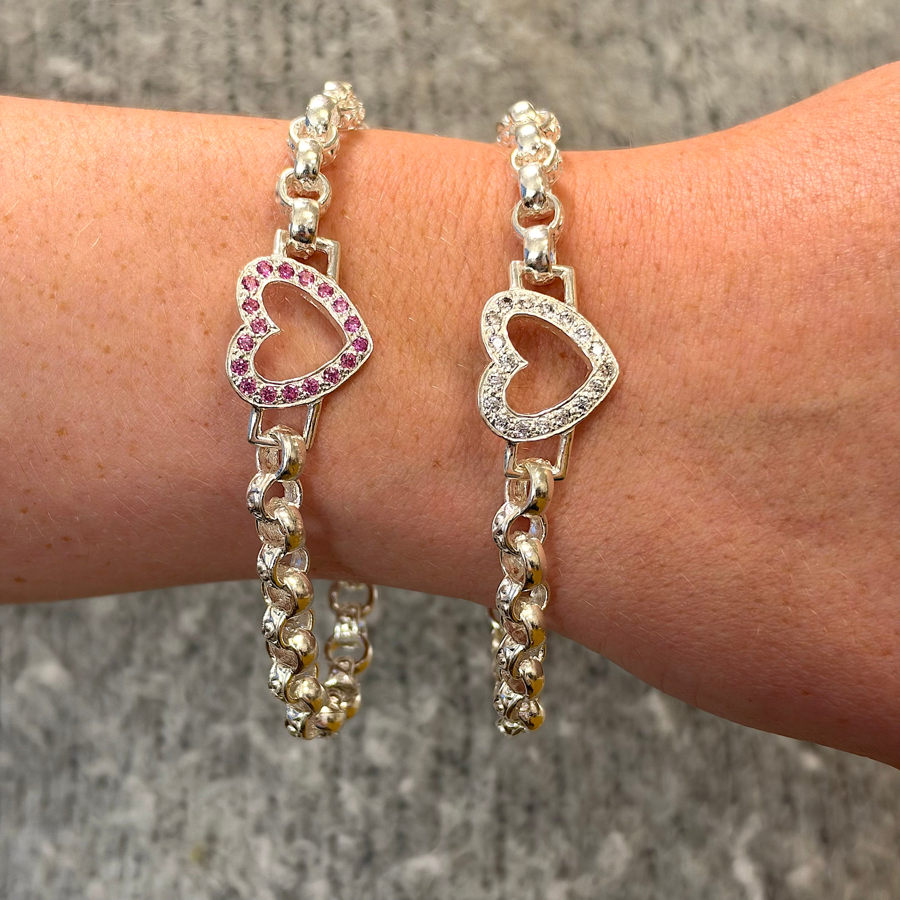 Silver White + Pink Open Love Heart Bracelet