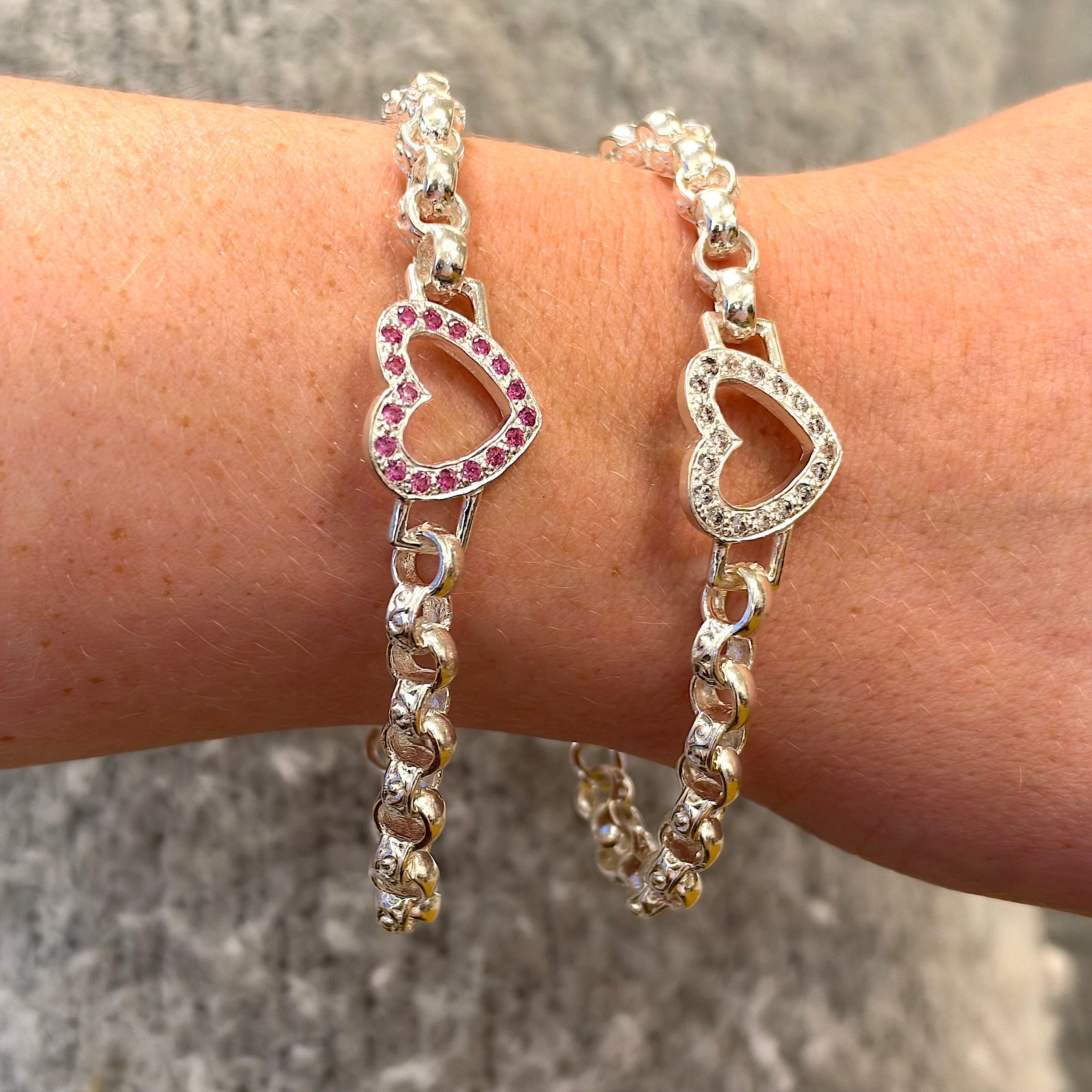 Silver White + Pink Open Love Heart Bracelet