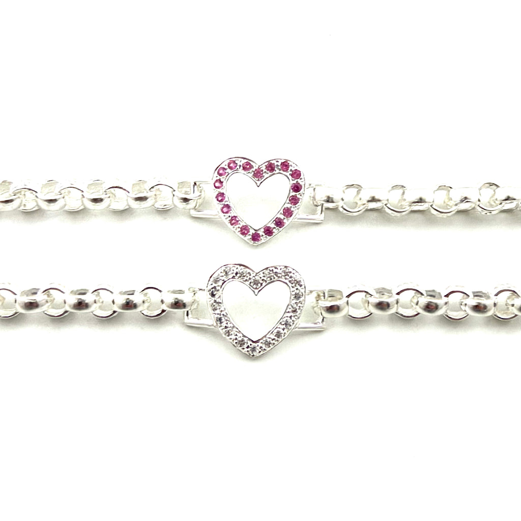 Silver White + Pink Open Love Heart Bracelet
