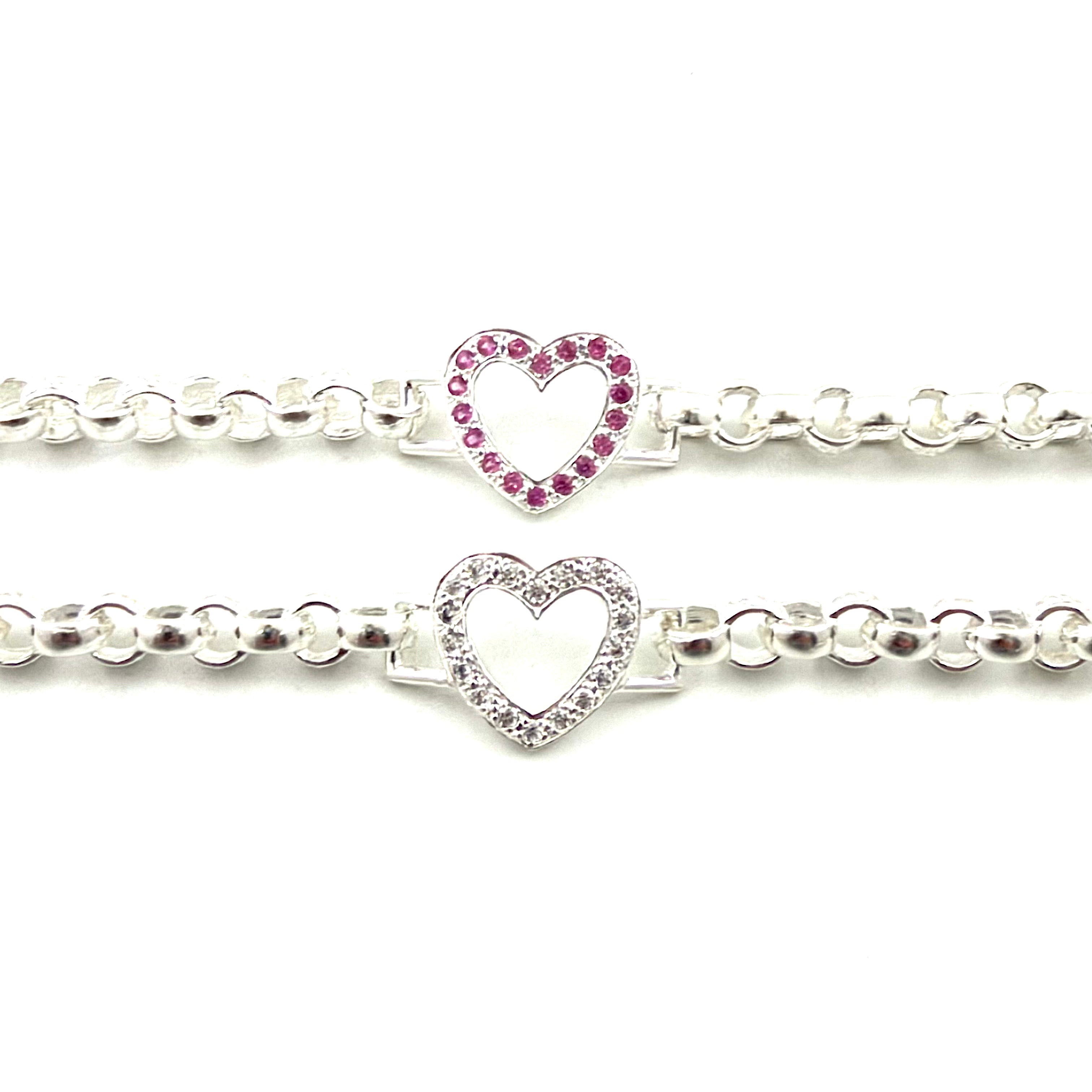 Silver White + Pink Open Love Heart Bracelet