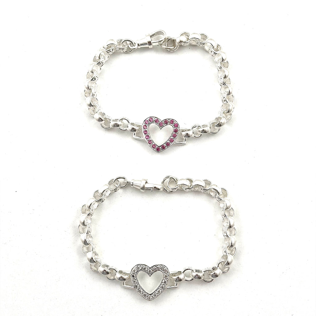 Silver White + Pink Open Love Heart Bracelet