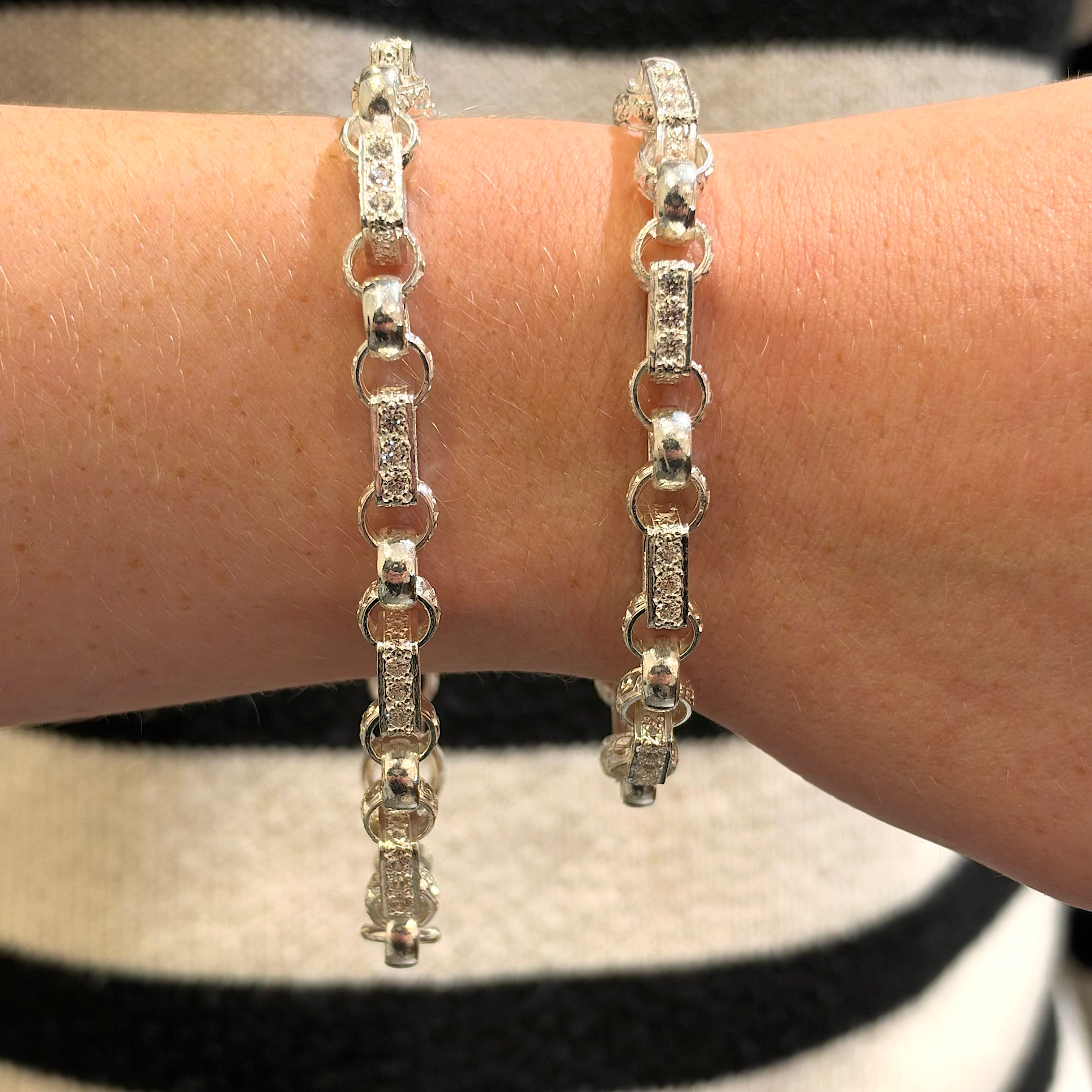 Silver Ladies And Gents Stone Set Gypsy Link Bracelet