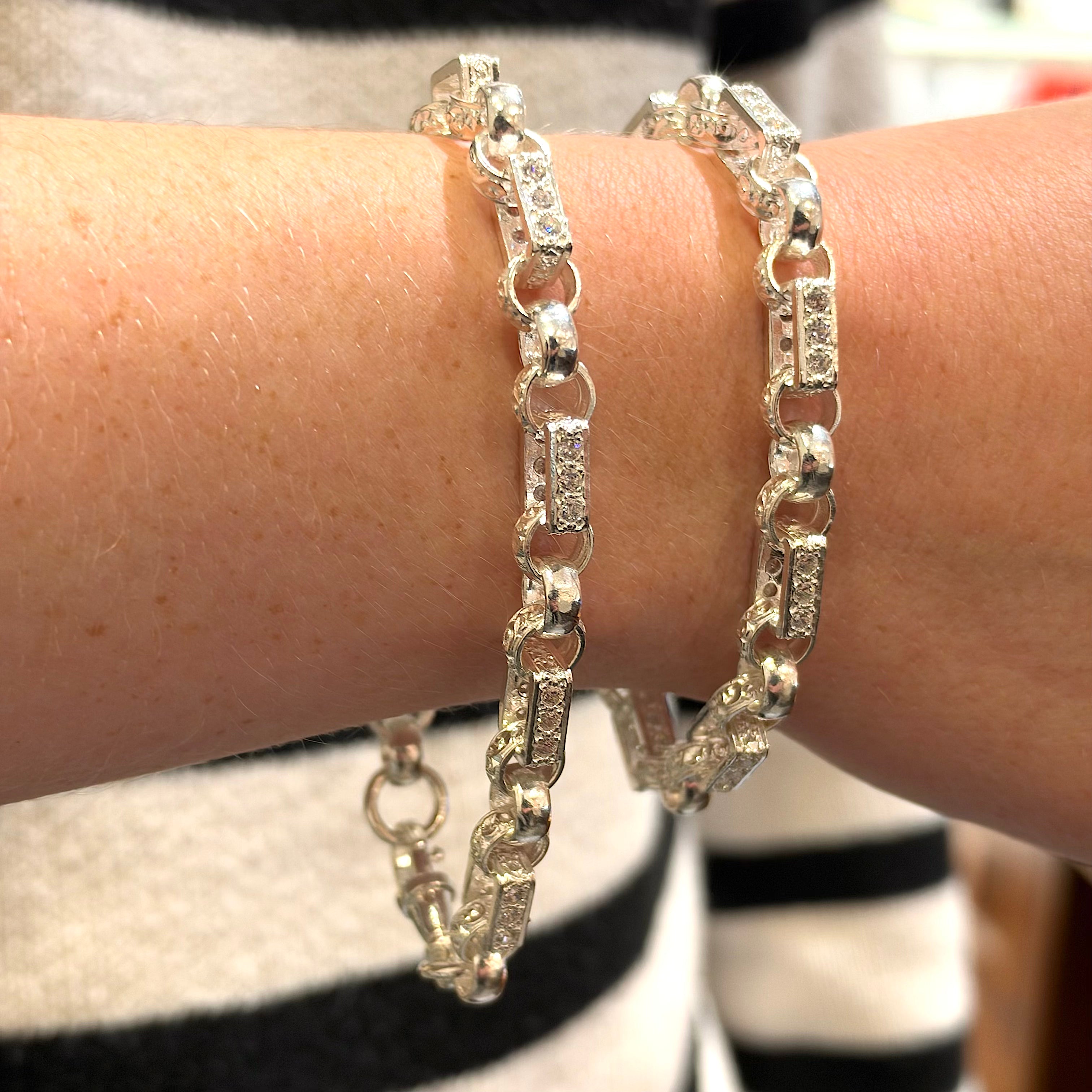 Silver Ladies And Gents Stone Set Gypsy Link Bracelet