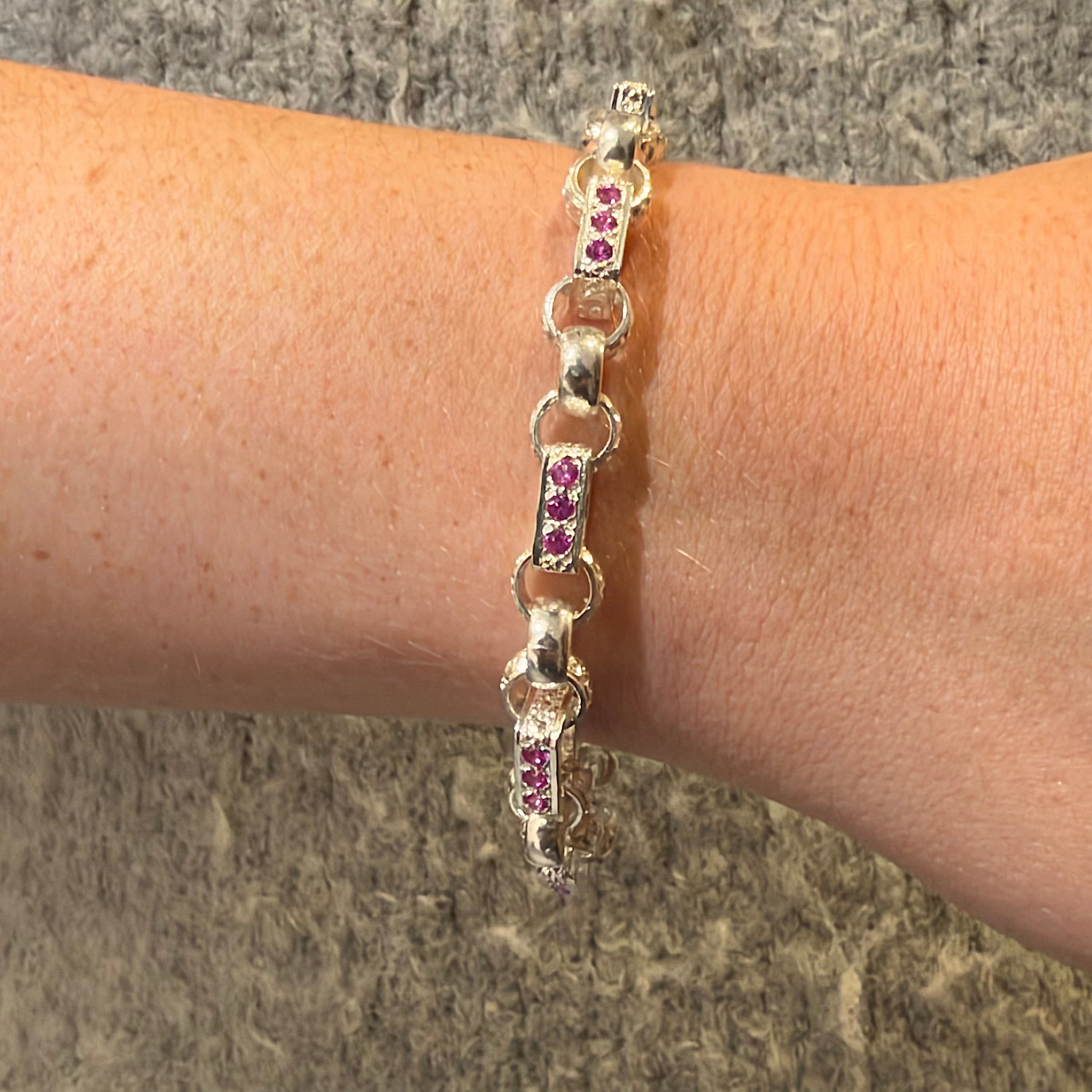 Silver Pink Stone Set Ladies Gypsy Link Bracelet