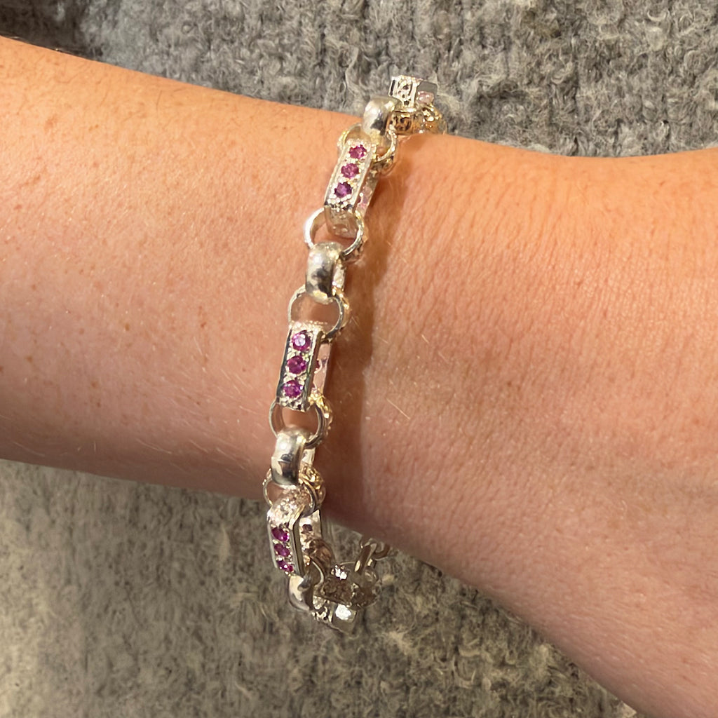 Silver Pink Stone Set Ladies Gypsy Link Bracelet