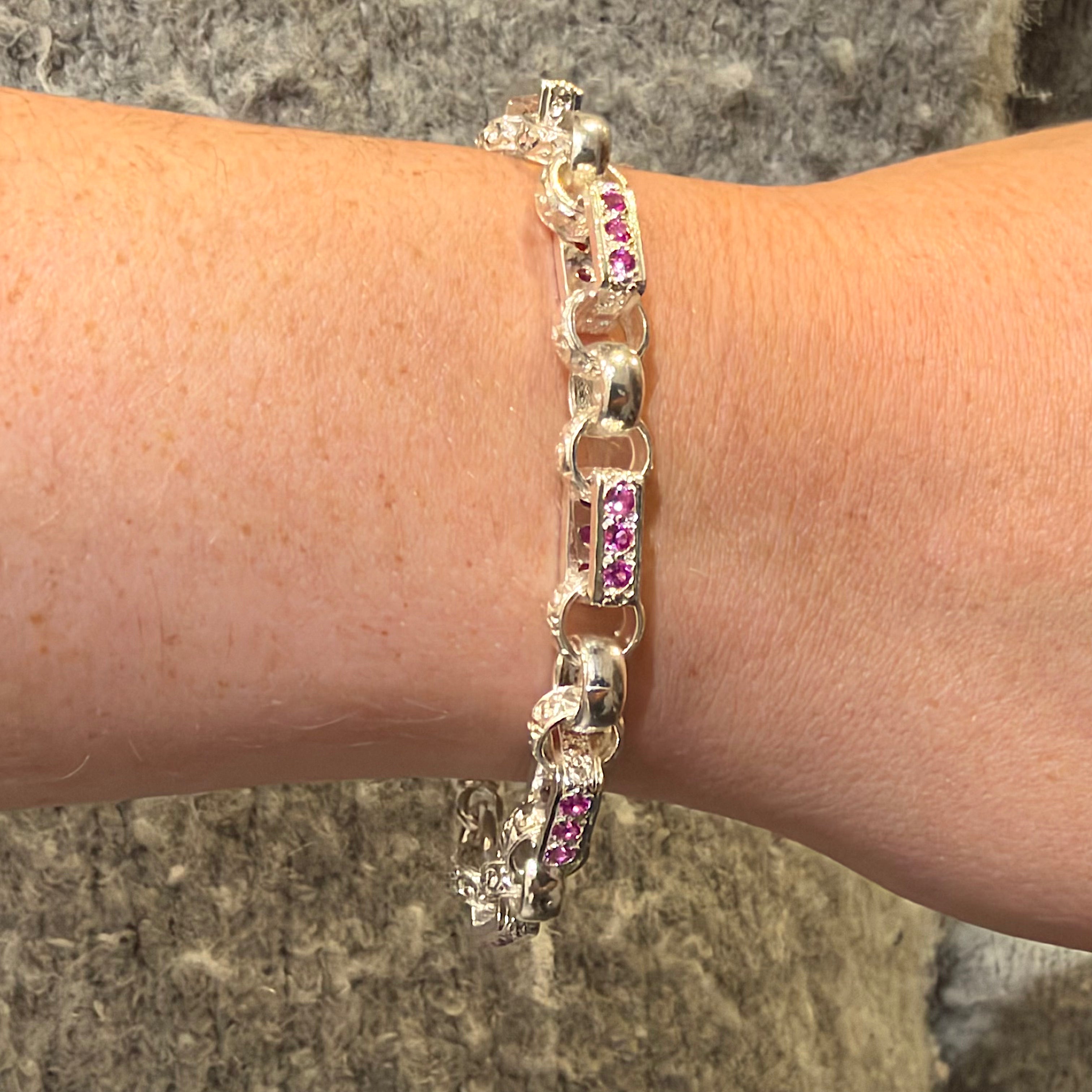 Silver Pink Stone Set Ladies Gypsy Link Bracelet