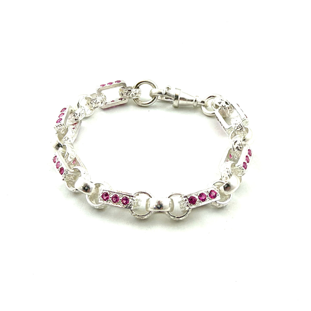 Silver Pink Stone Set Ladies Gypsy Link Bracelet