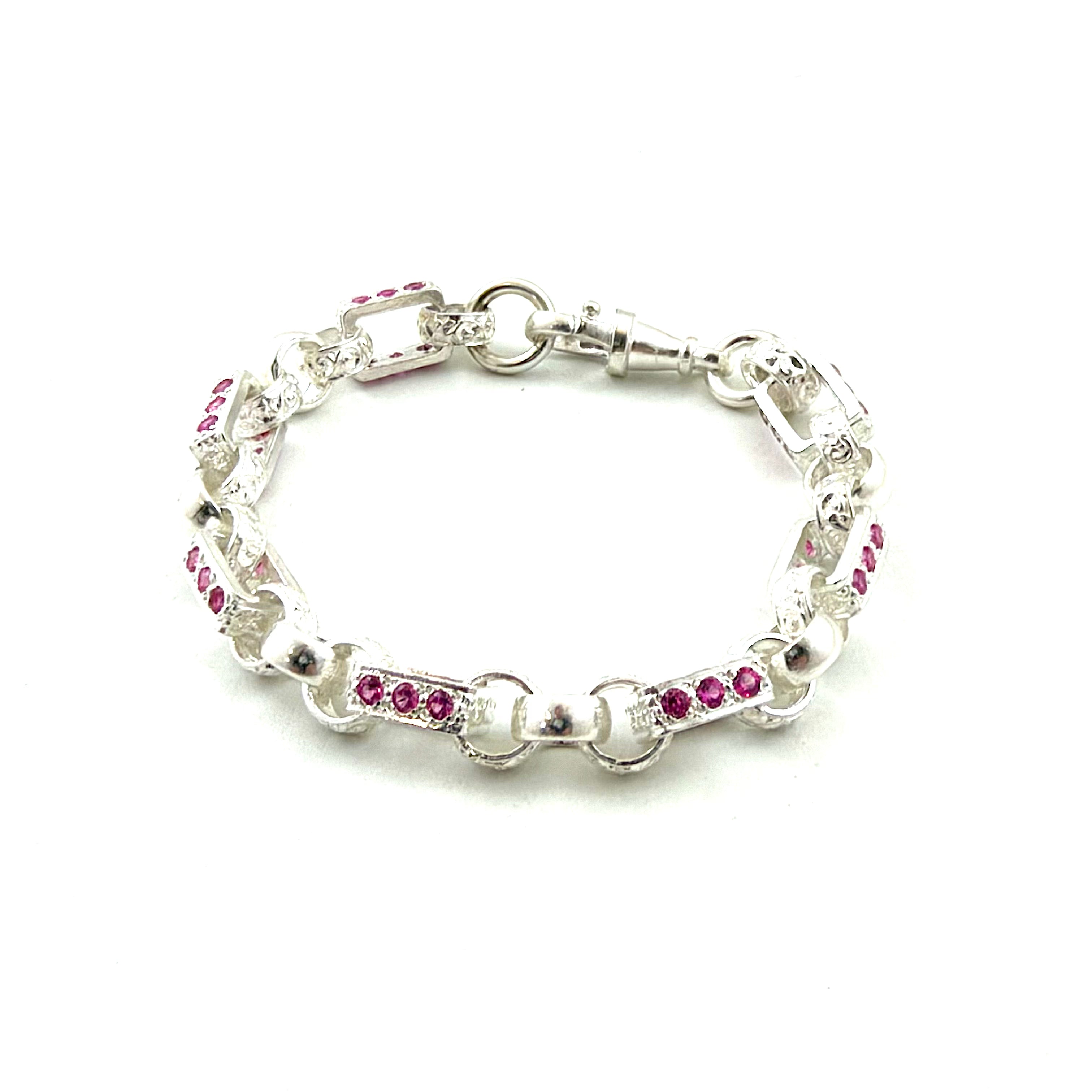 Silver Pink Stone Set Ladies Gypsy Link Bracelet