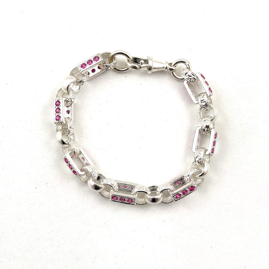 Silver Pink Stone Set Ladies Gypsy Link Bracelet