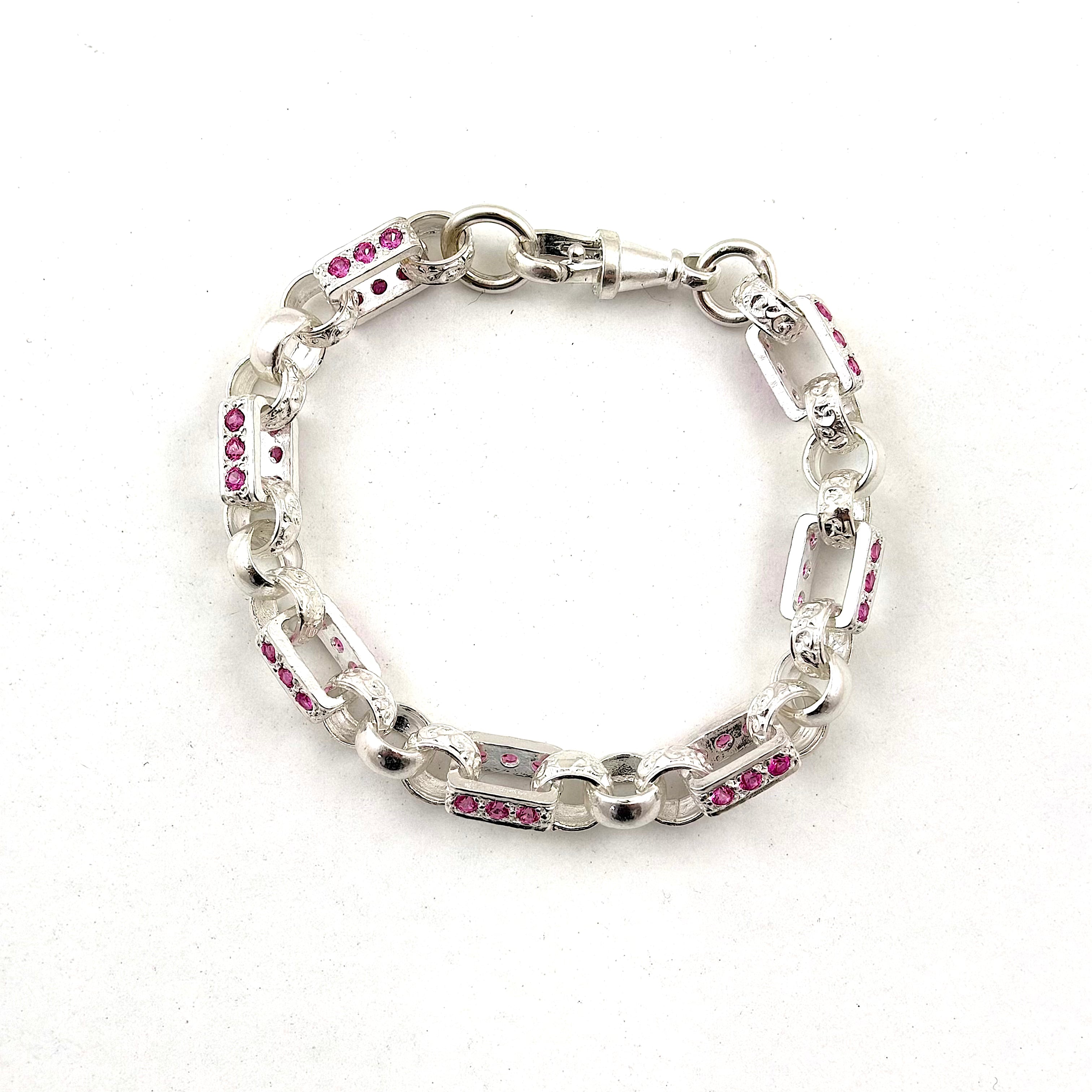 Silver Pink Stone Set Ladies Gypsy Link Bracelet