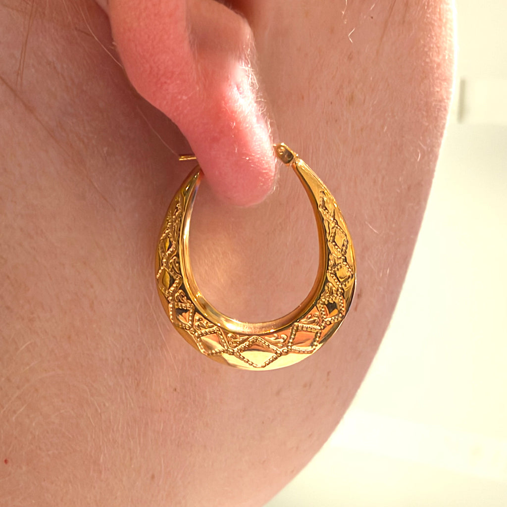 9ct Gold Diamond Patterned Oval Hoop Earrings