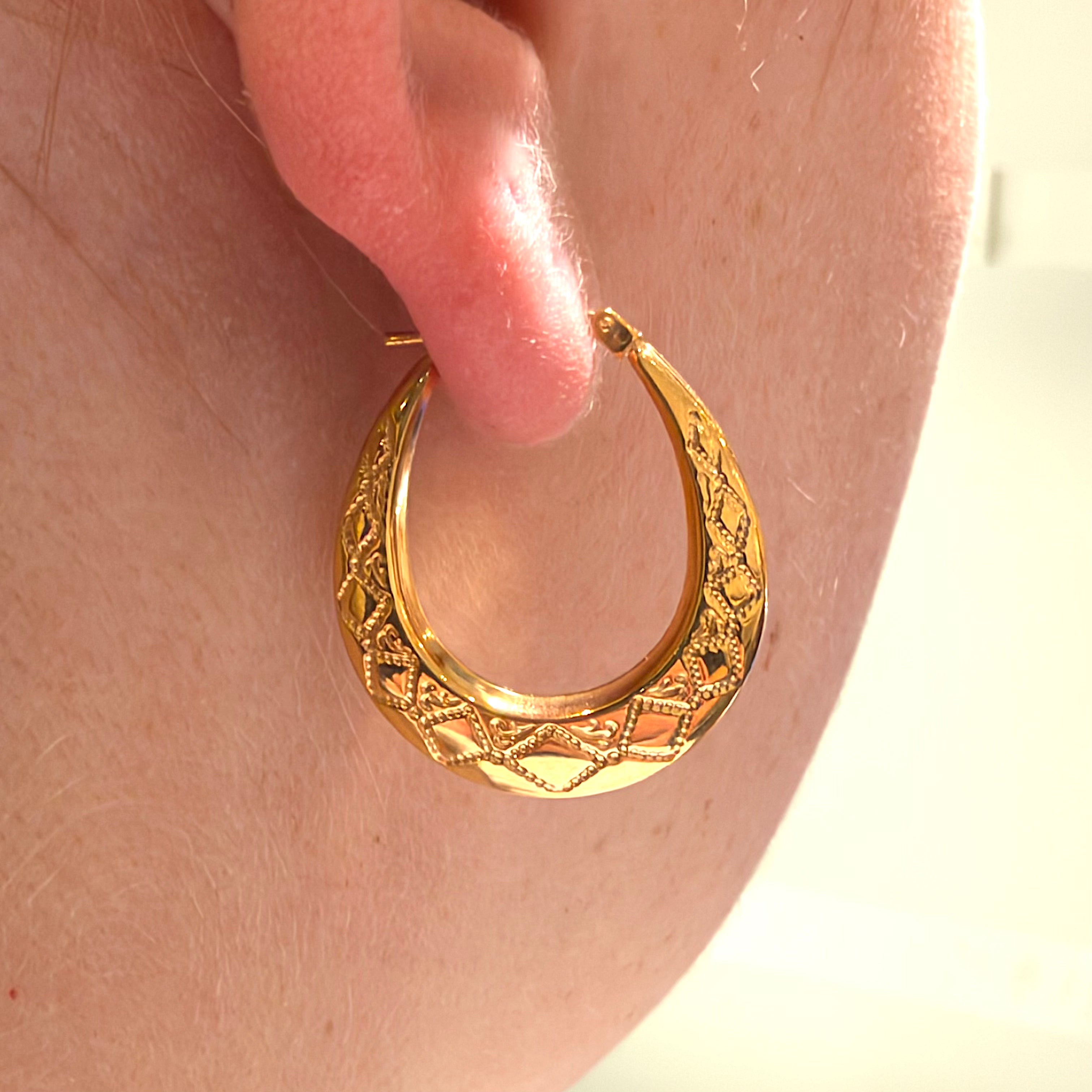 9ct Gold Diamond Patterned Oval Hoop Earrings