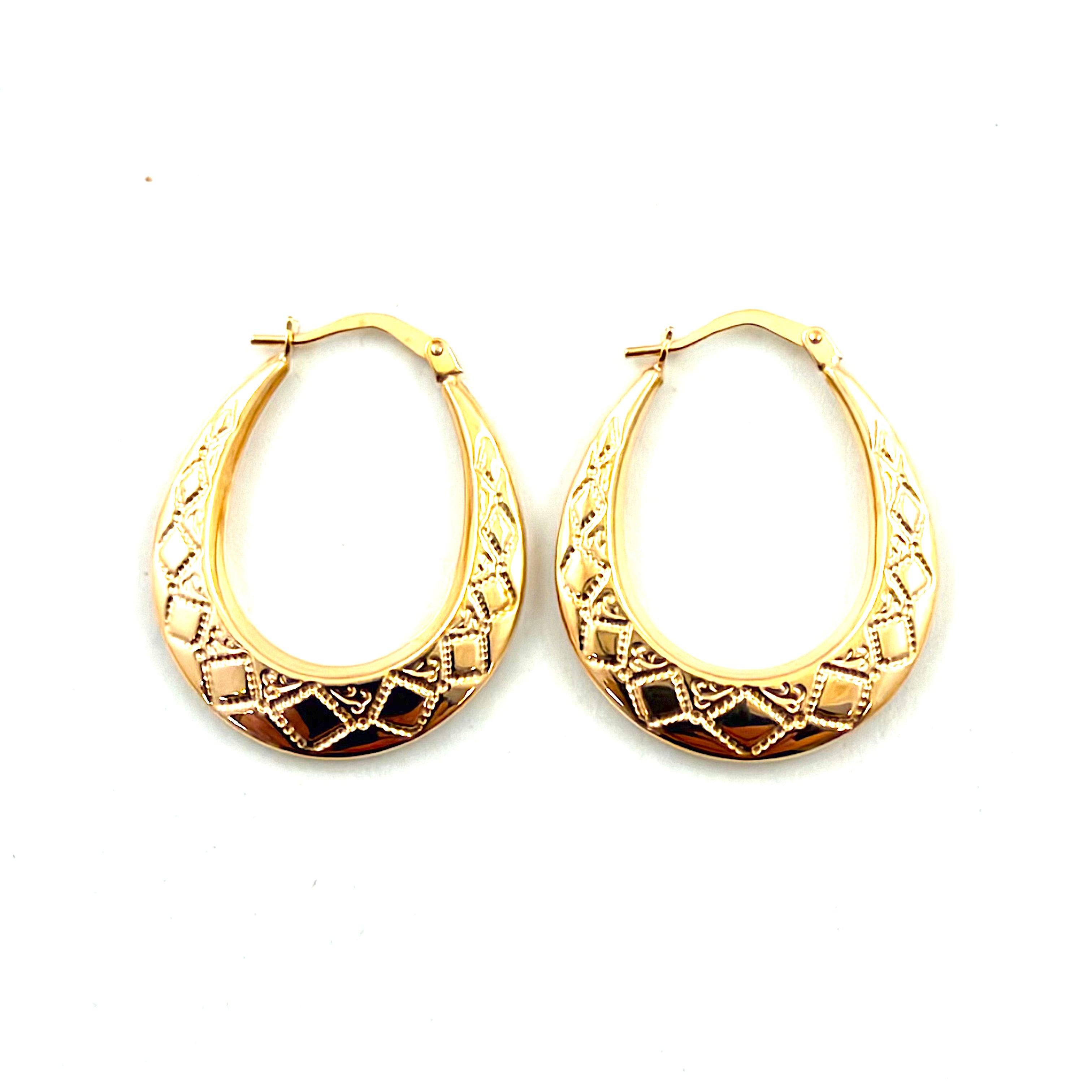 9ct Gold Diamond Patterned Oval Hoop Earrings
