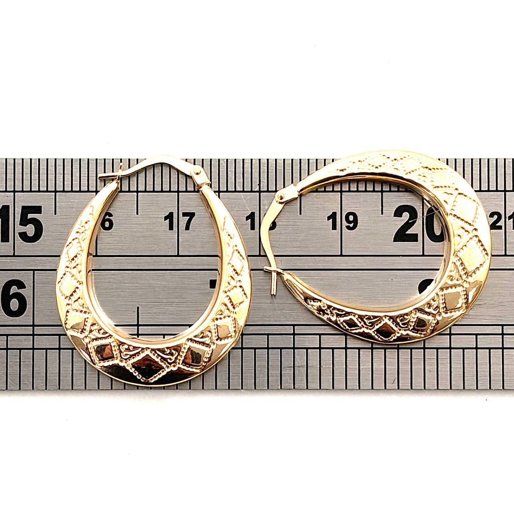 9ct Gold Diamond Patterned Oval Hoop Earrings