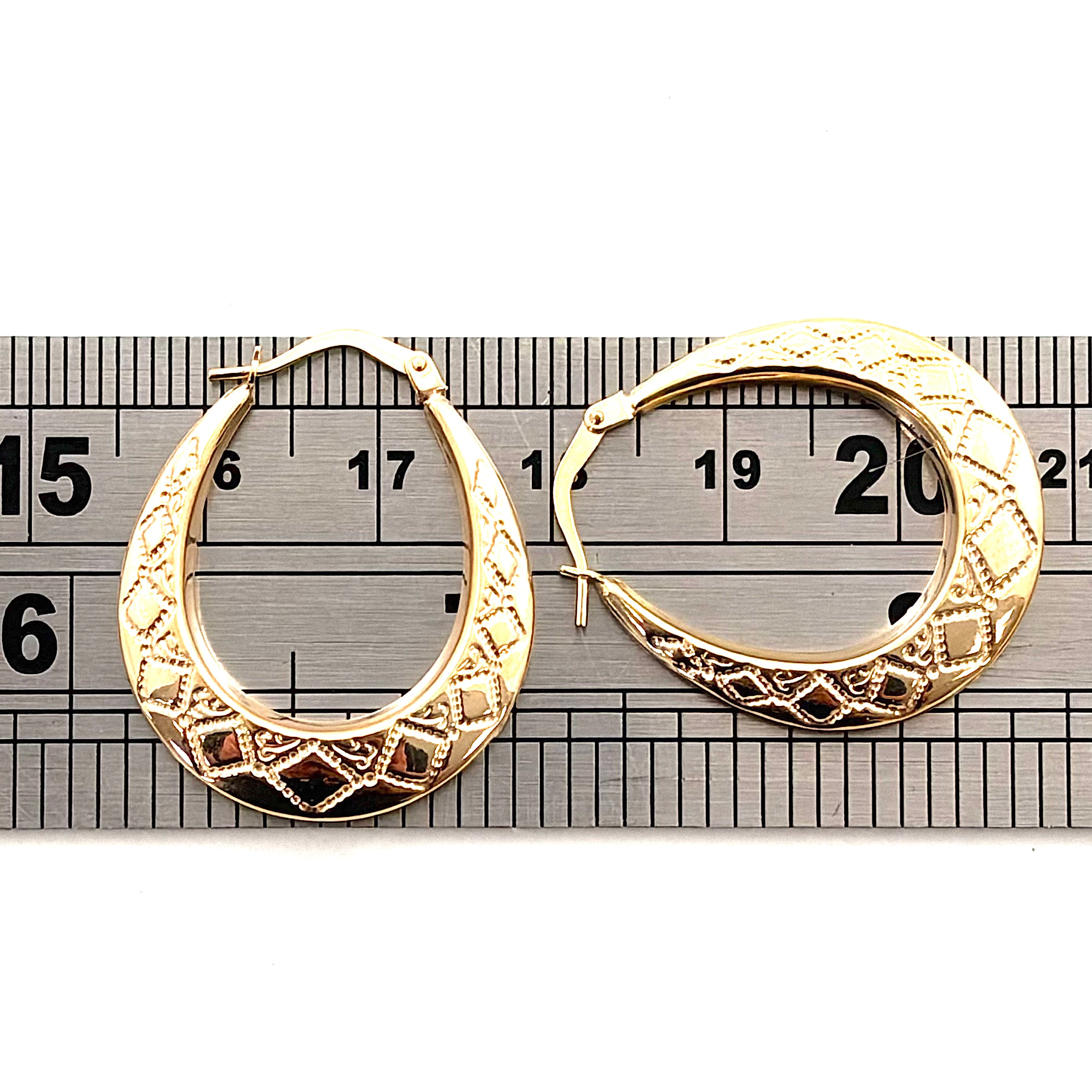 9ct Gold Diamond Patterned Oval Hoop Earrings