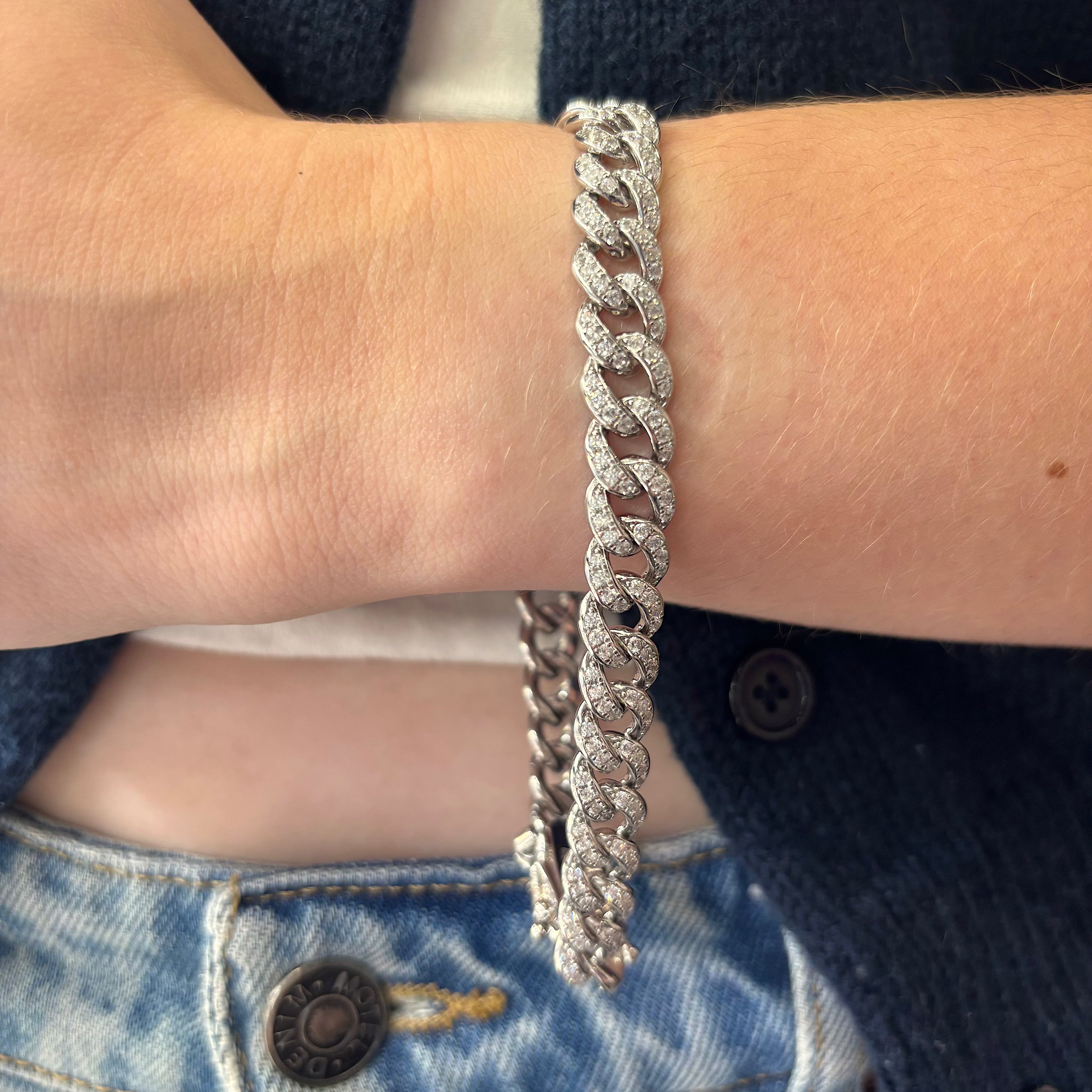 Solid Silver Stone Set Cuban Bracelet