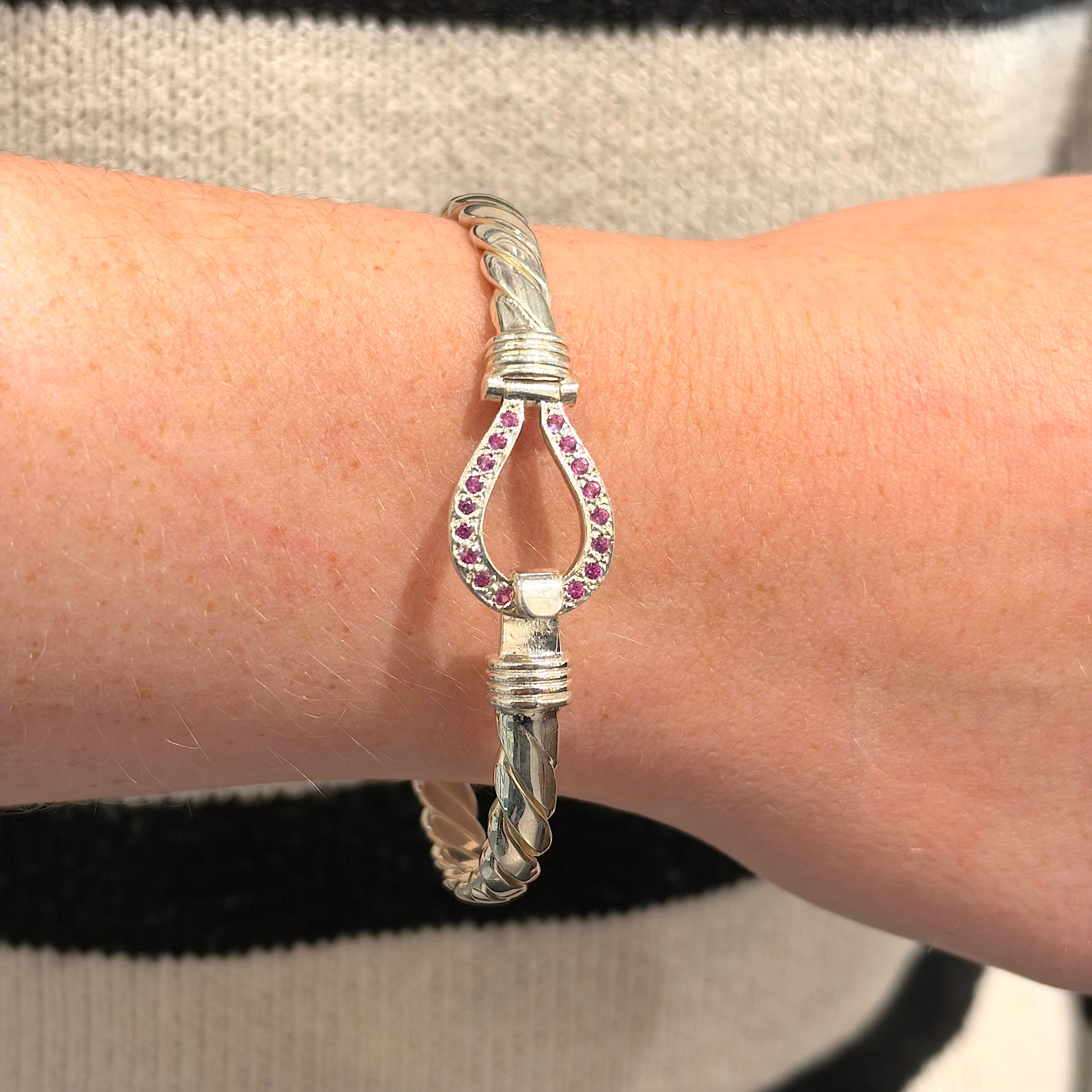 Silver Pink Stone Set 4mm Hook Bangle