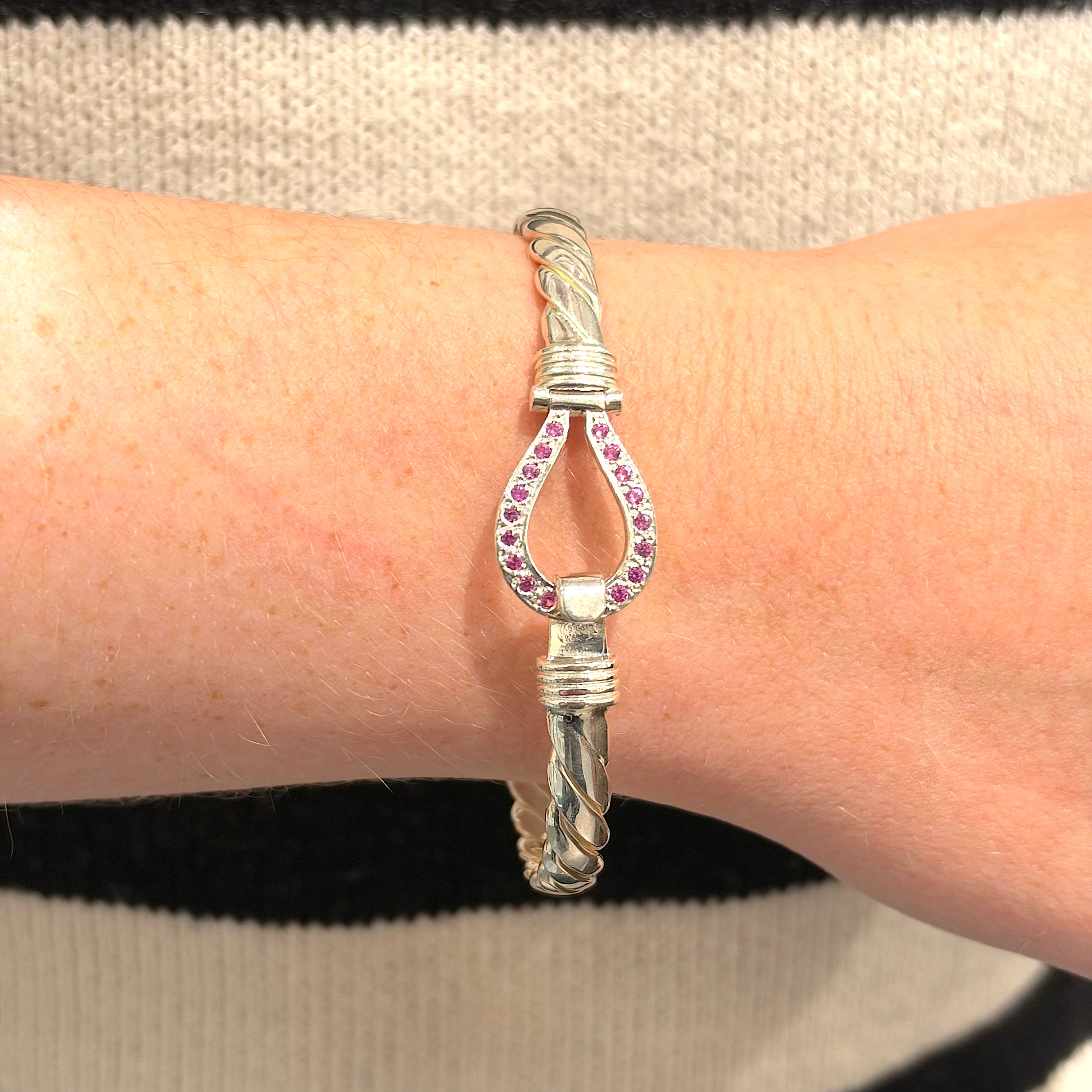Silver Pink Stone Set 4mm Hook Bangle