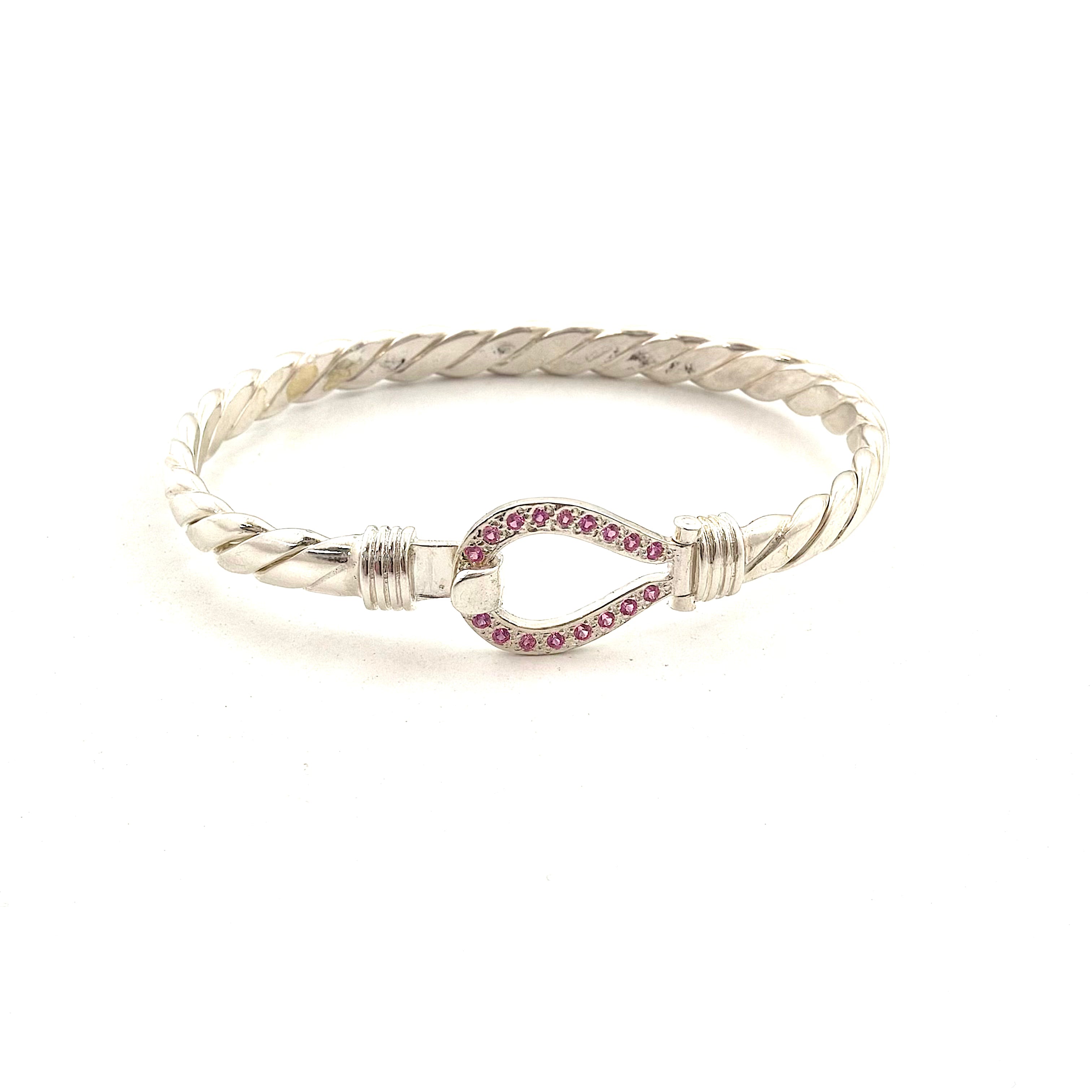 Silver Pink Stone Set 4mm Hook Bangle