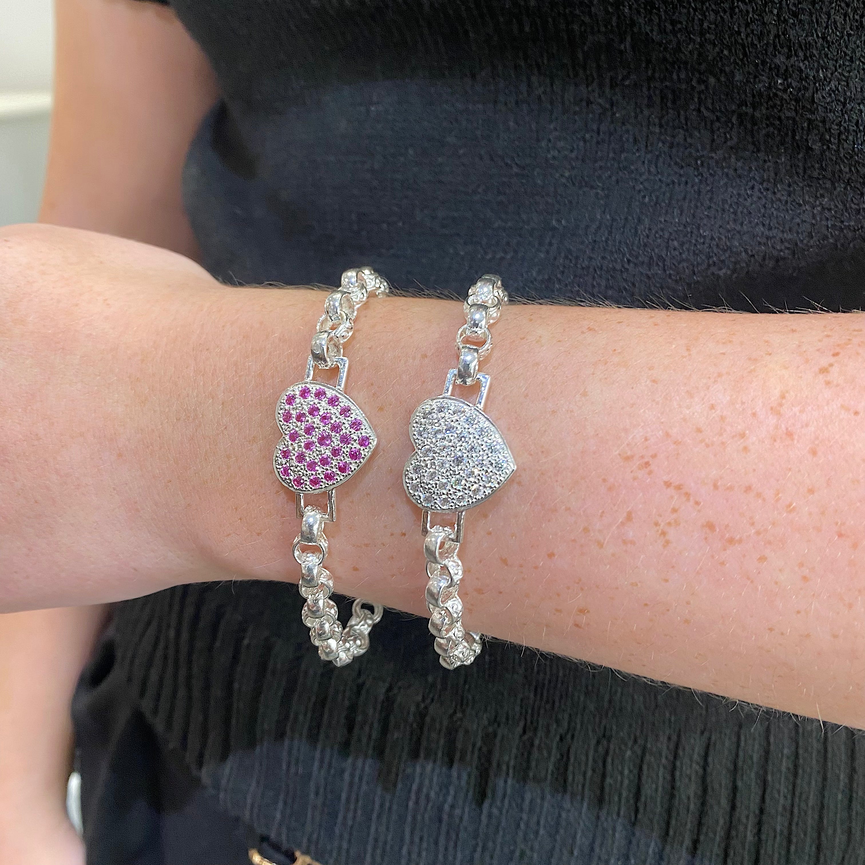 Solid Silver Hot Pink And White Full Love Heart Belcher Bracelet