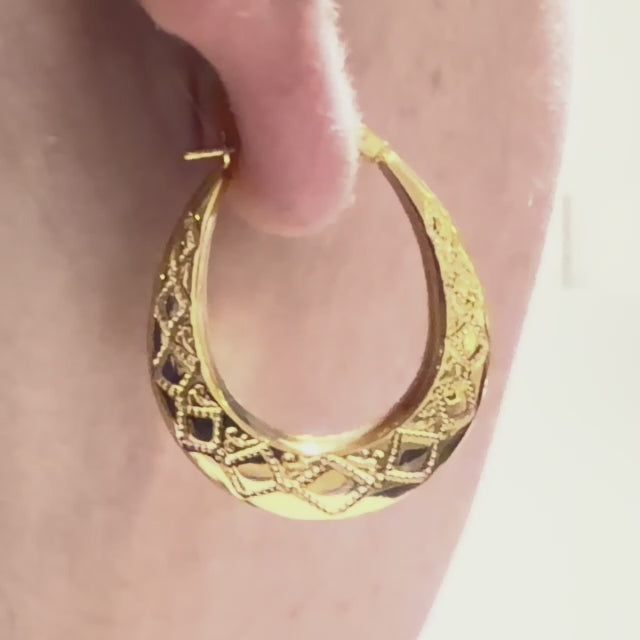 9ct Gold Diamond Patterned Oval Hoop Earrings