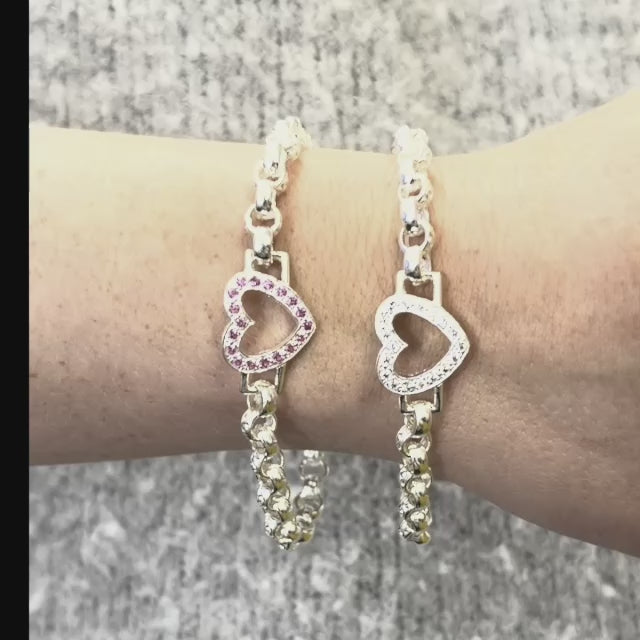 Silver White + Pink Open Love Heart Bracelet
