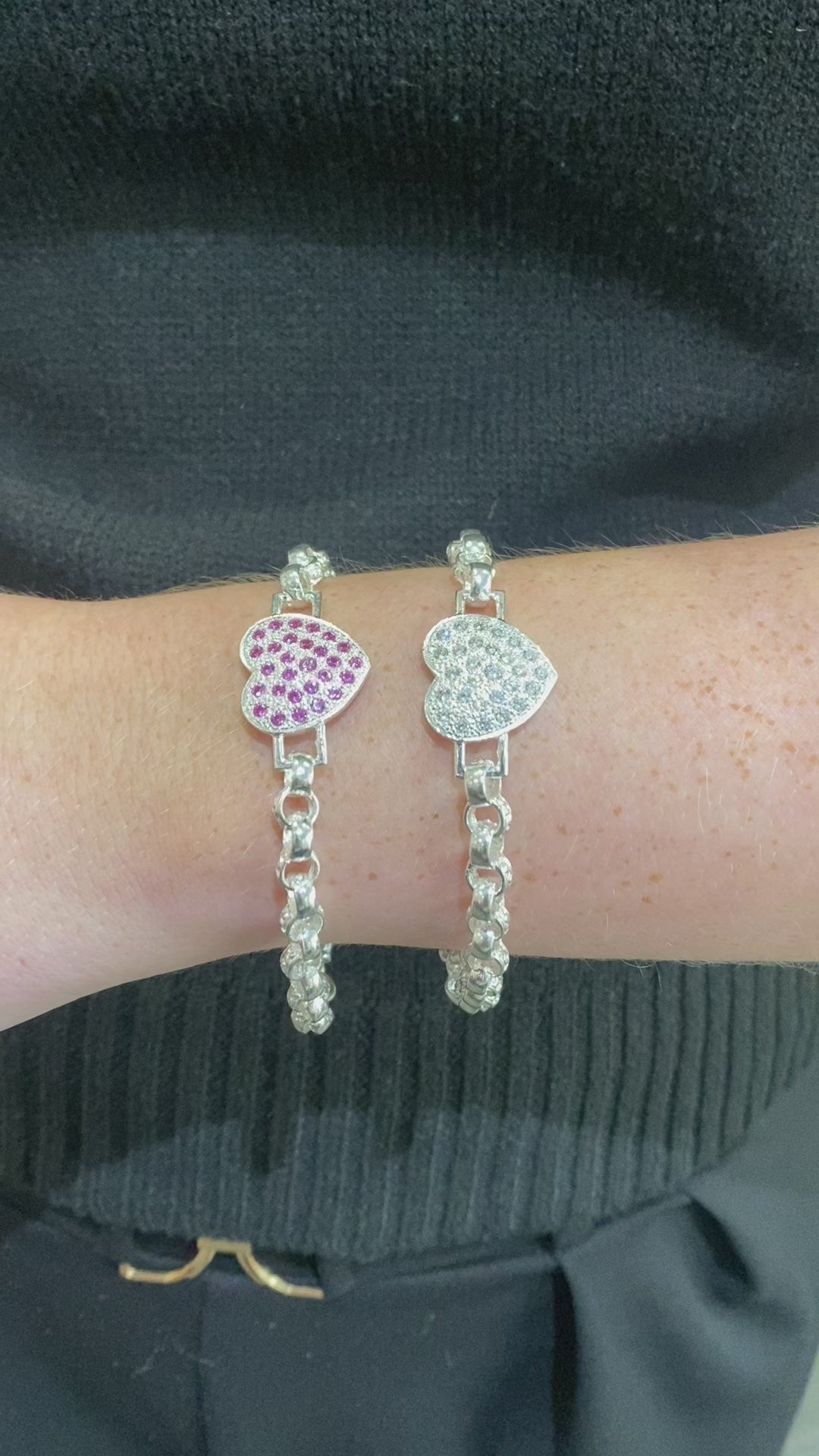 Solid Silver Hot Pink And White Full Love Heart Belcher Bracelet