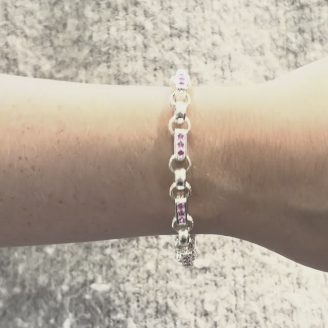Silver Pink Stone Set Ladies Gypsy Link Bracelet